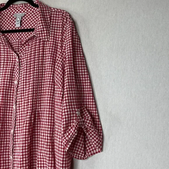 Catherines Plus Size Top Blouse Button Down 3X Red White Gingham Tabbed Sleeves - Picture 4 of 12